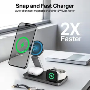 Magnetic Wireless Charger Stand, Foldable Portable Fast Charging, Compatible with iPhone 17-12 Pro Max, Apple Watch, AirPods