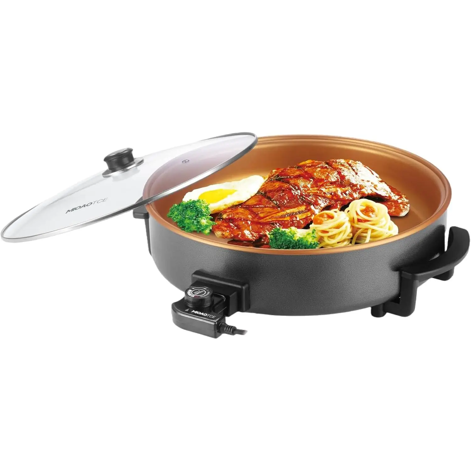 16 In Extra Large Corded Ceramic Nonstick Electric Skillet with Tempered Glass Lid, 1500W Power Quick Even Heating, 5 Adjustable Temperature Controls, Cool-Touch Handles for Families