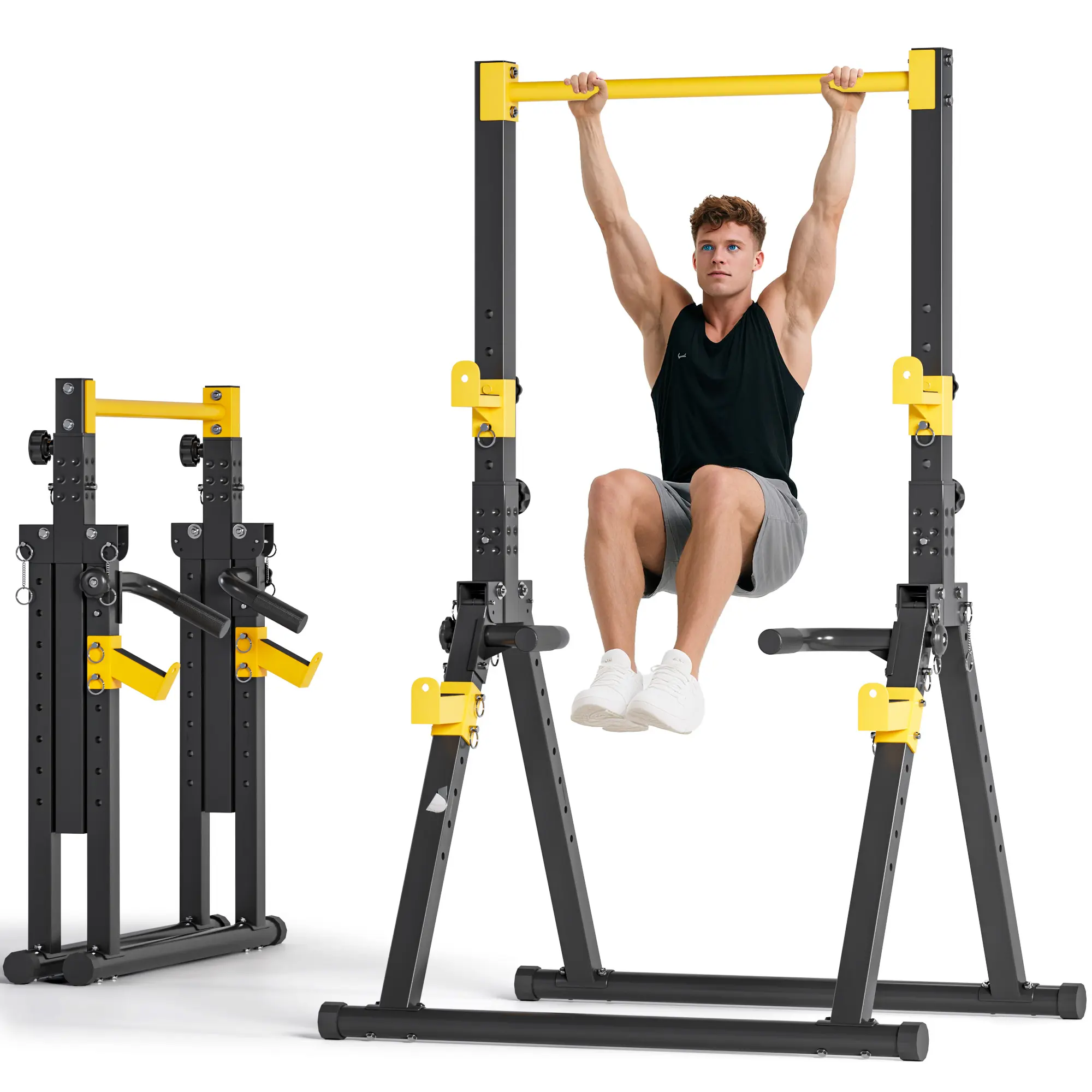 DlandHome Folding Pull Up Bar Station, Heavy Duty 330 LBS Freestanding Dip Station with 6 Adjustable Heights, Foldable Home Gym Strength Training Equipment for Garage/Apartment