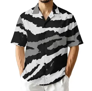 2026 Summer Black White Tiger Stripe Hawaiian Shirt Men, Bold Zebra Camo Print Button Up Shirt