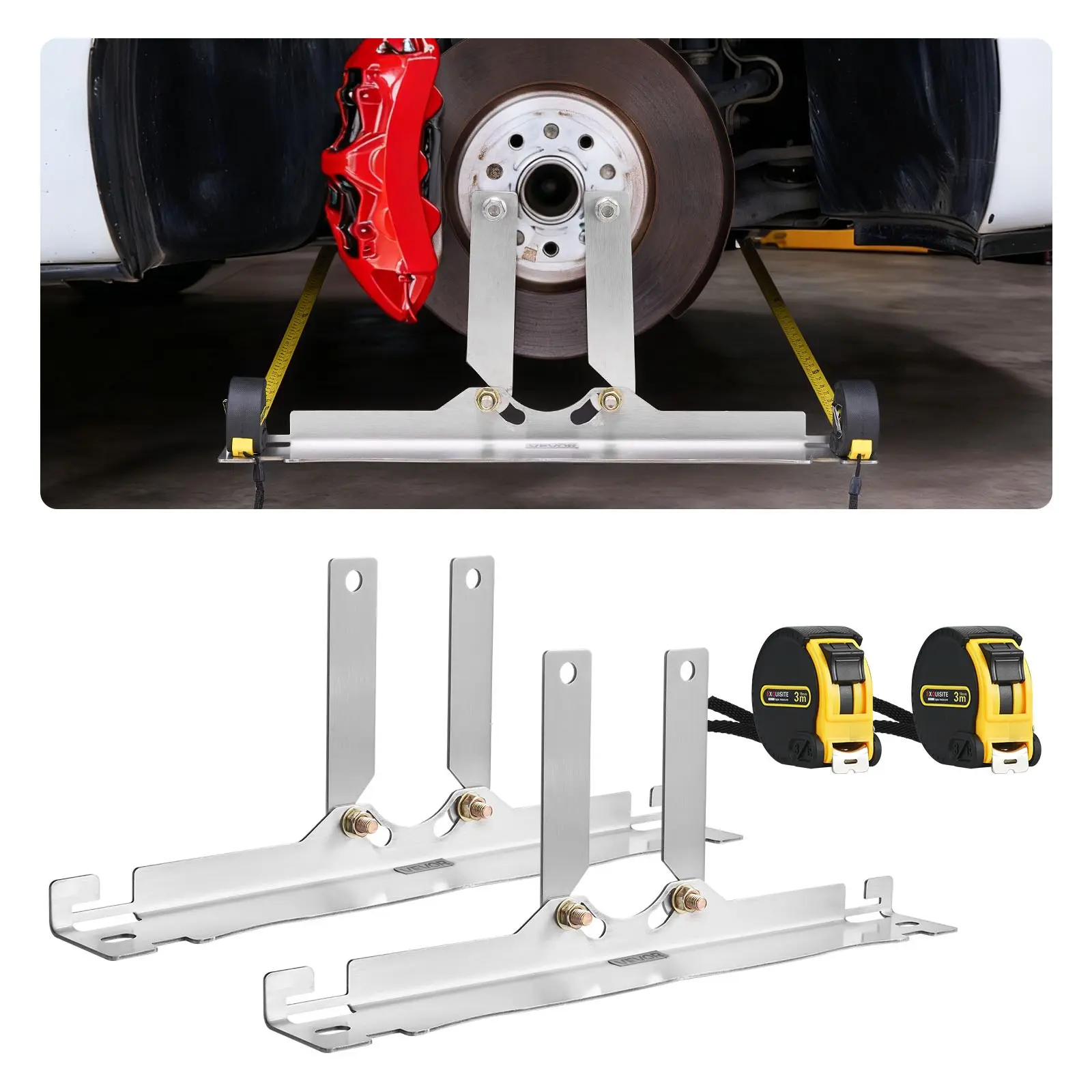 【Summerfinds】VEVOR Heavy-Duty Metal Wheel Alignment Tool Kit - 2 PCS 304 Stainless Steel Toe Plates (24.0x3.0x9.6 in/610x75x245 mm, 7.9 lbs), 2 Measure Tapes, 1/16 in Precise Accuracy, Wall-Mount, Brake Disc Compatible for Car DIY Maintenance