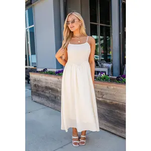 Women's Adjustable Sleeveless Nylon Basque Waist Midi Dress - Casual, Natural
