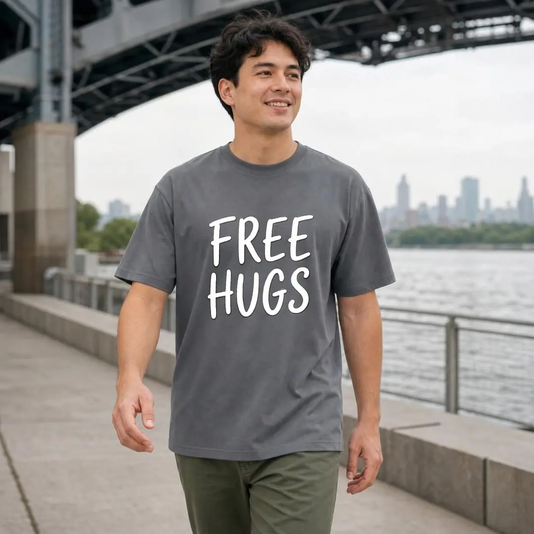 XTAUTO Casual Style, Unisex T-Shirt, Free Hugs Text Design, Outdoor Summer Wear, Gift For Friends And Family