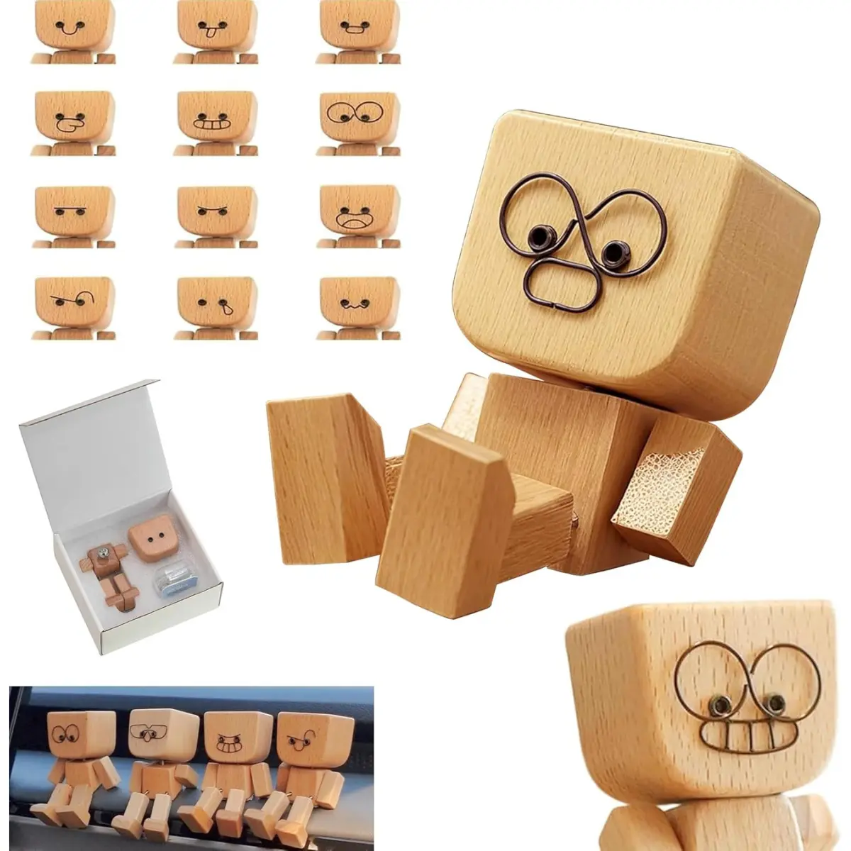 Wooden Shaking Feet Figurine – Cute Swaying Wooden Doll with Spring Legs for Car Dashboard & Desk Decor