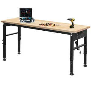 70'' Adjustable Workbench, 2000 LBS Load Capacity Heavy Duty Workstation with Power Outlets, Rubber Wood Top Worktable for Garage, Office,Workshop, Commercial