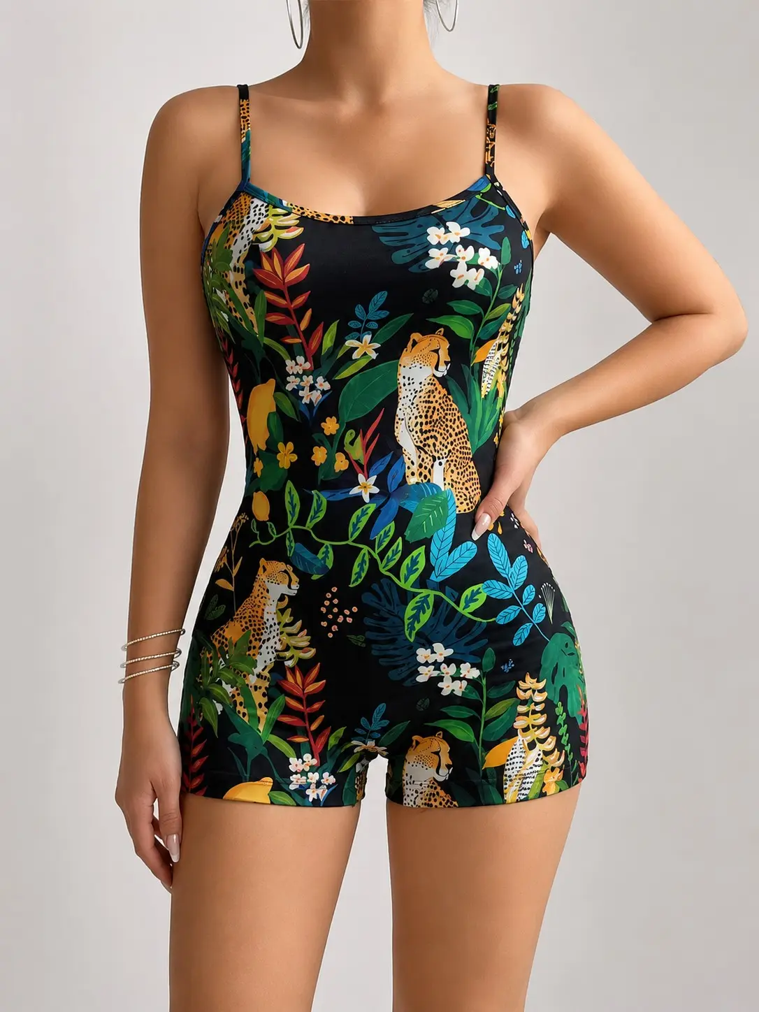 Women's Tropical Animal Print Short Pajama Romper, Spaghetti Strap One-Piece Sleepwear