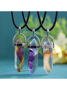 sA total of 20-piece hexagonal colored crystal pendant necklaces, crystal chakra stone bullet-shaped pendants paired with adjustable black necklace chains, DIY necklace, earring, keychain jewelry making supplies, (10 pendants + 10 necklace chains)