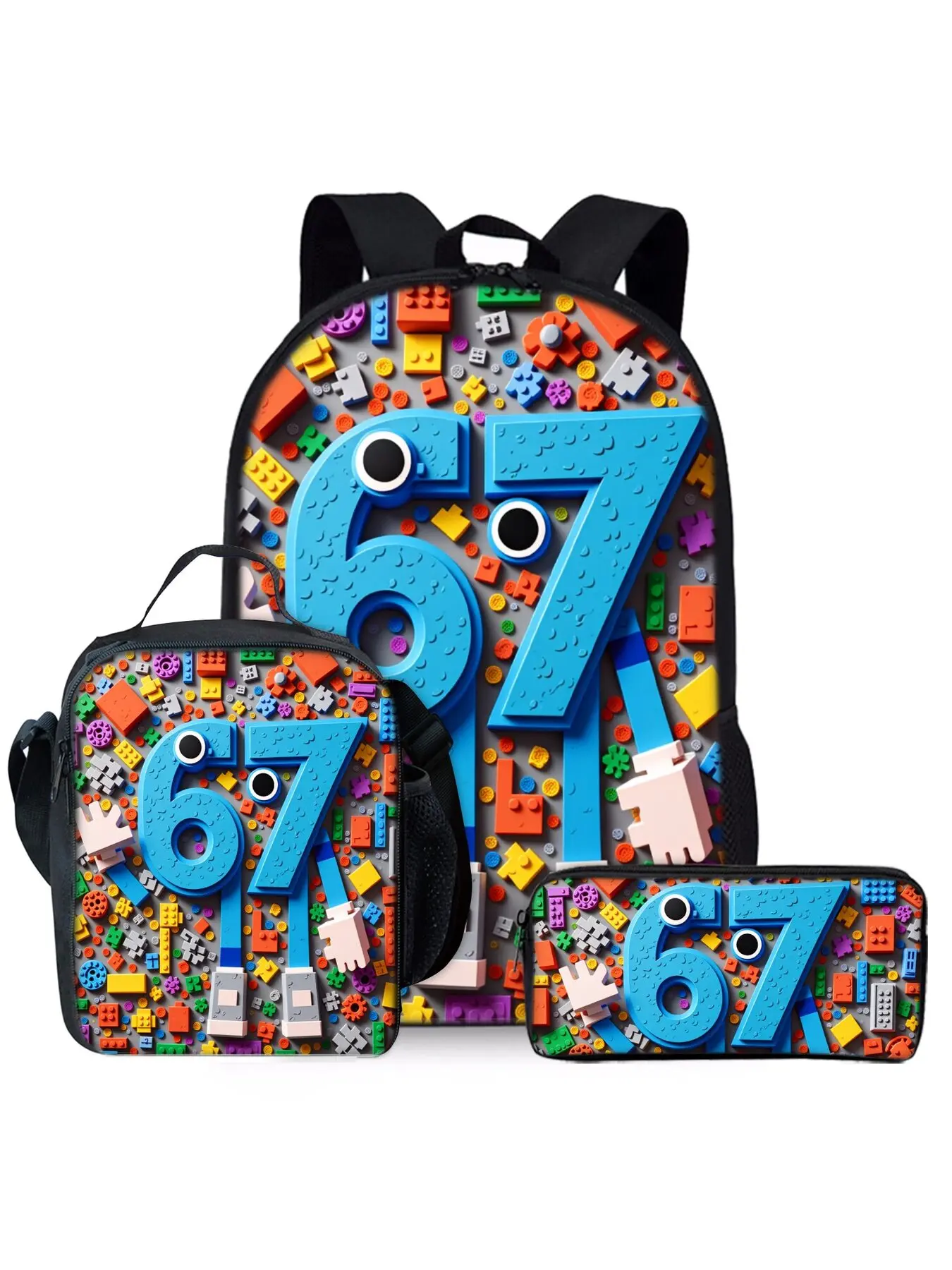 The Building Blocks 67 digital print backpack for school three-piece set includes a lunch bag and a pencil case Cute Daypacks School Backpacks