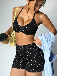 Retro Polka Dot High Waist Yoga Set, Women's Tank Top Sports Bra, Three-Quarter Fitness Shorts, Running Casual Two-Piece Set