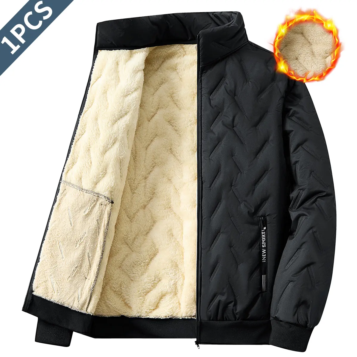 Men's Thick Sherpa-Lined Jacket, Casual Baggy Winter Outerwear with Stand Collar, Full Zipper and Windproof Layer