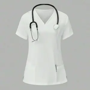 Women's Solid V-Neck Short Sleeve Pocket Casual Lab Coat Top Matte Soft Stretch Ruffle Printed T-Shirt Womenswear Clothes