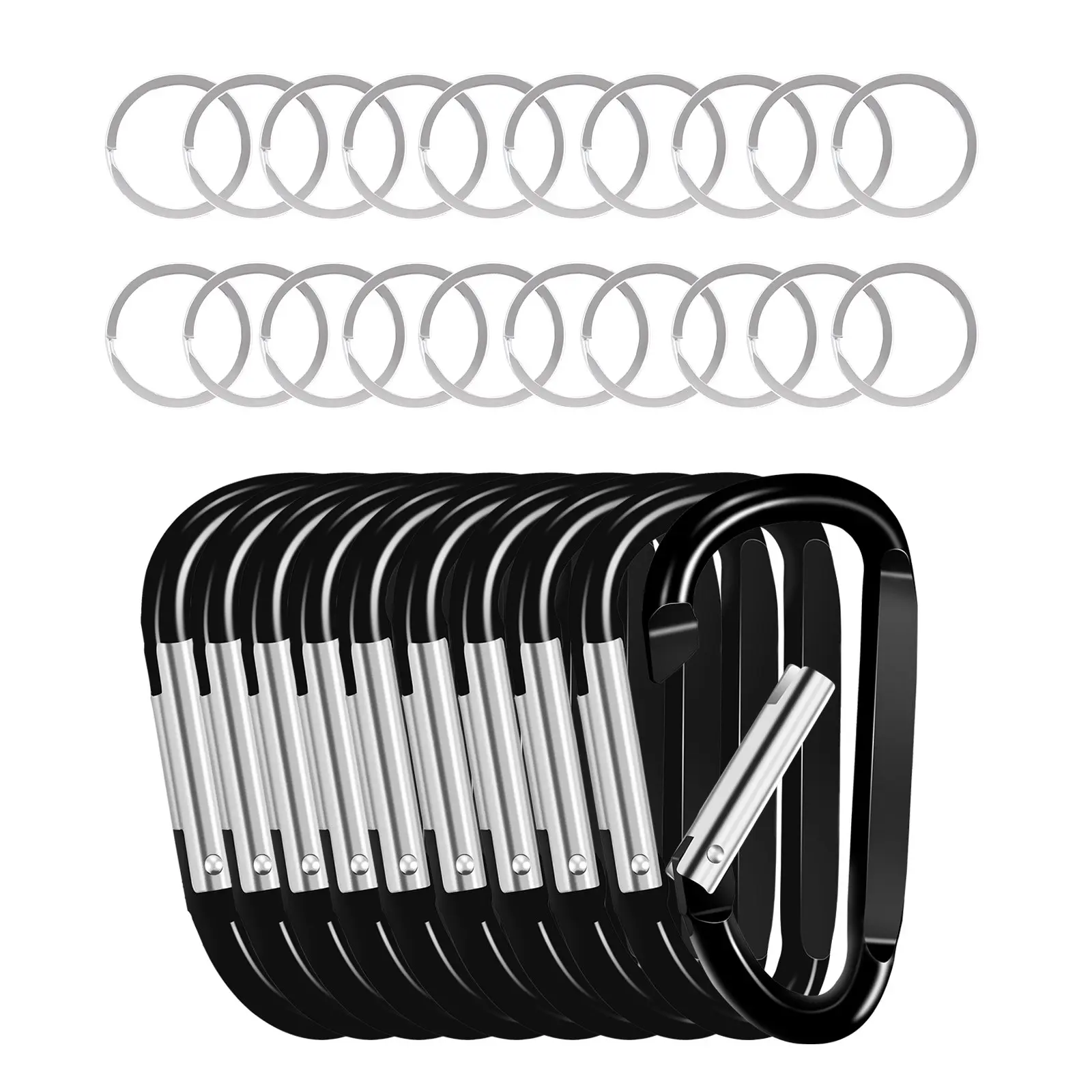 VEVOR 10-Pack D-Shape Aluminum Carabiner Keychains, 20 Keyrings Included, Rustproof Spring Clips, Camping Accessories, Gifts for Men, Aluminum Metallic Keychains, Edc Gear, Everyday Carry, Aircraft-Grade Aluminum Feels Solid
