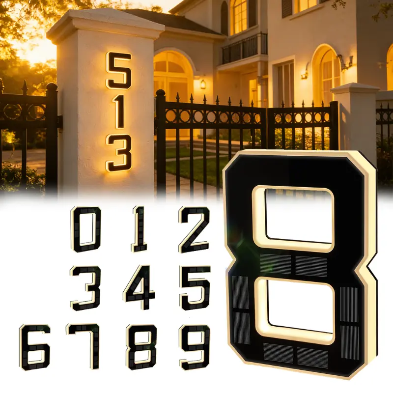 9-Inch Eco-Friendly Solar Powered LED Address Sign - Waterproof Outdoors Plaque, Durable ABS Construction, Modern Personalized Home Exterior Decor with Solar Lights