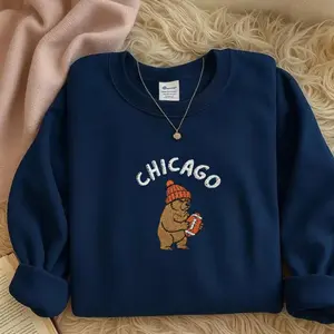 Embroidered Chicago Football Sweatshirt, Game Day Bear Crewneck, Football Fan Sports Gift, Unisex Pullover Sweater for Men & Women, Cozy Athletic Top