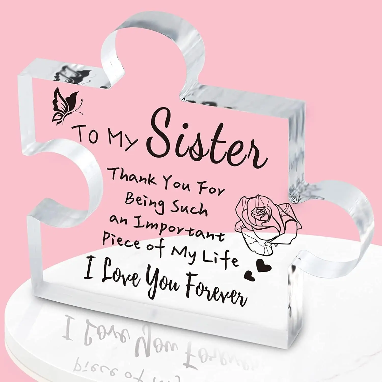 To My Sister Puzzle Shaped Acrylic Sign, Butterfly Rose Acrylic Plaque for Sister, Freestanding Tabletop Decor, Sentimental Birthday Friendship Gift for Sister
