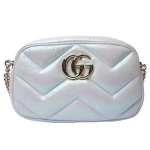 Pre-owned GUCCI leather Shoulder Bags Iridescent Nappa Chevron Matelasse Small GG Marmont Chain Shoulder Bag Iridescent Snow Light Blue