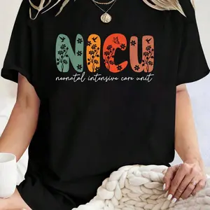 Women’s 180g Black Cotton Round Neck Short Sleeve NICU Graphic Tee-Stylish Neonatal Intensive Care Unit Floral Print T-Shirt for Comfort and Casual Wear-Perfect Gift for NICU Nurses and Healthcare Heroes, Premium Quality Soft Tee