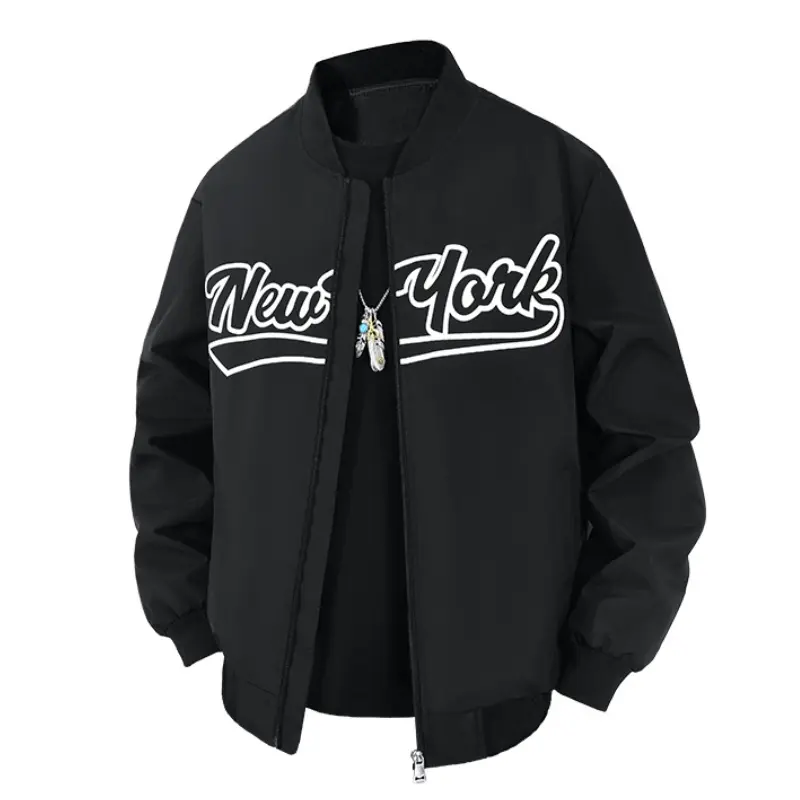 Men's Stand Collar Zip-Up Long Sleeve Baseball Jacket - New York Letter Graphic Print, Ribbed Cuffs & Hem, Classic Varsity Style Menswear Streetwear Outerwear - Stylish Lightweight Coat for Outdoor City Walks, Weekend Hangout, Tops, Fitted Cut, Letter Pri