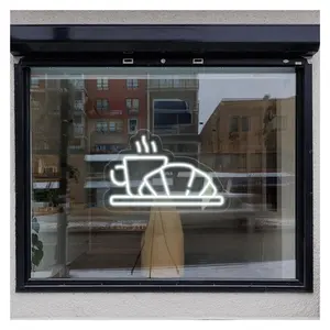 Neon Bar Party Coffee & Croissant Neon Sign,Suitable For Bakery Store Decor With Dimmable 26cmx40cm