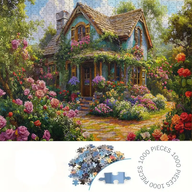 1000 Piece Flower House Theme Puzzle, Large Adult Family Interactive Toy, DIY Home Decor Brain Challenge, Holiday Scene, Perfect Gift