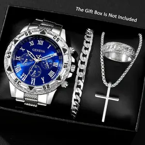 Elegant 4 Piece Set Men Business Quartz Watch with Fashion Accessories Set-Perfect Gift for Valentine's Day, Easter, Ramadan, Birthday, Christmas