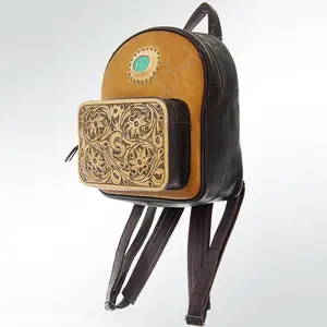 American Darling Backpack Hand Tooled Floral Carved Genuine Leather Western Rucksack Turquoise Concho YKK Zipper
