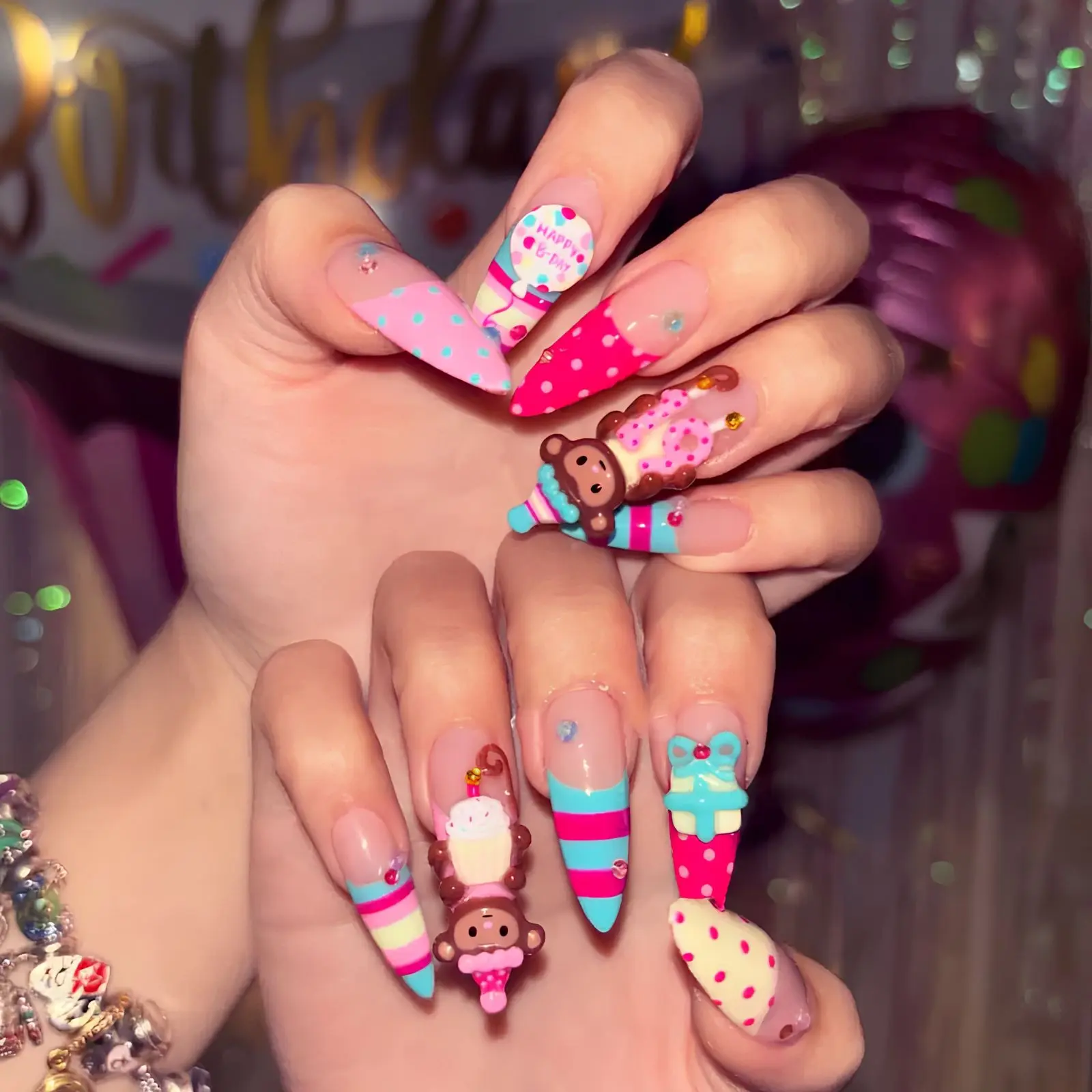 Cute Kawaii Birthday Press On Nails, 3D Bear & Cupcake Nail Art, Long Stiletto Pink Blue Press On Nails, Handmade Japanese Style False Nails