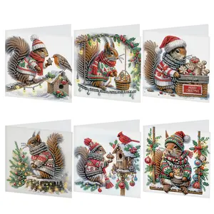 DIY Diamond Art Painting Greeting Card, 6 Counts/set Cartoon Animal Pattern Creative Design Card, Blessing Gift Folding Greeting Card Set for Birthday Fun Party Cards