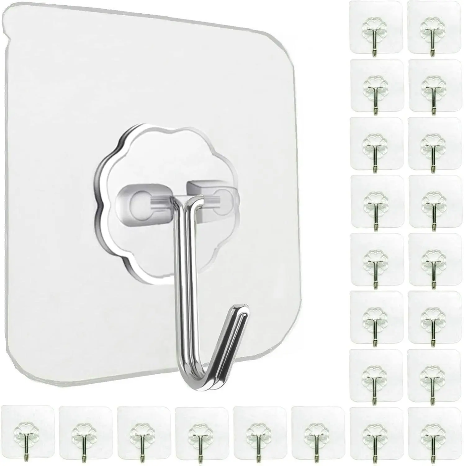 24-Pack Heavy Duty Stainless Transparent Self Adhesive Hooks - 33lbs Max Load, Contemporary, No Screws, Waterproof, 180-Degree Rotation, Smooth Surface Mount for Keys, Bathroom, Garage, Plant Decoration