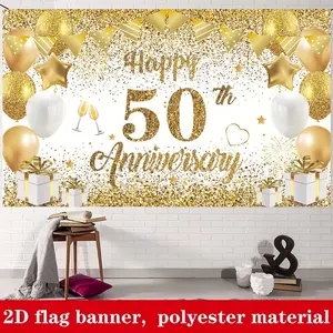 50th Wedding Anniversary Backdrop Banner, Glitter, Party Decor for Golden Anniversary Celebration, Universal Setting