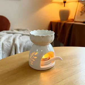 Ceramic Essential Oil Holder & Wax Melt Holder with Candle Spoon - White Aroma Diffuser, Tea Light Holder, Adjustable Flame-Free Wickless Design for Home, Office, Spa - for /Pets, Compatible with Oils & Melted Wax