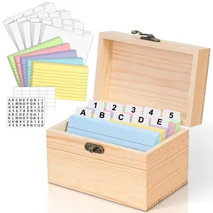 Index Card Holder 3x5, 4x6 wooden Origanizer Recipe Box with 100 PCS Flash cards, 30 White Dividers, 1 Blank Sticker and 1 Letter Sticker, Flashcard Notecard Holders for Home Office