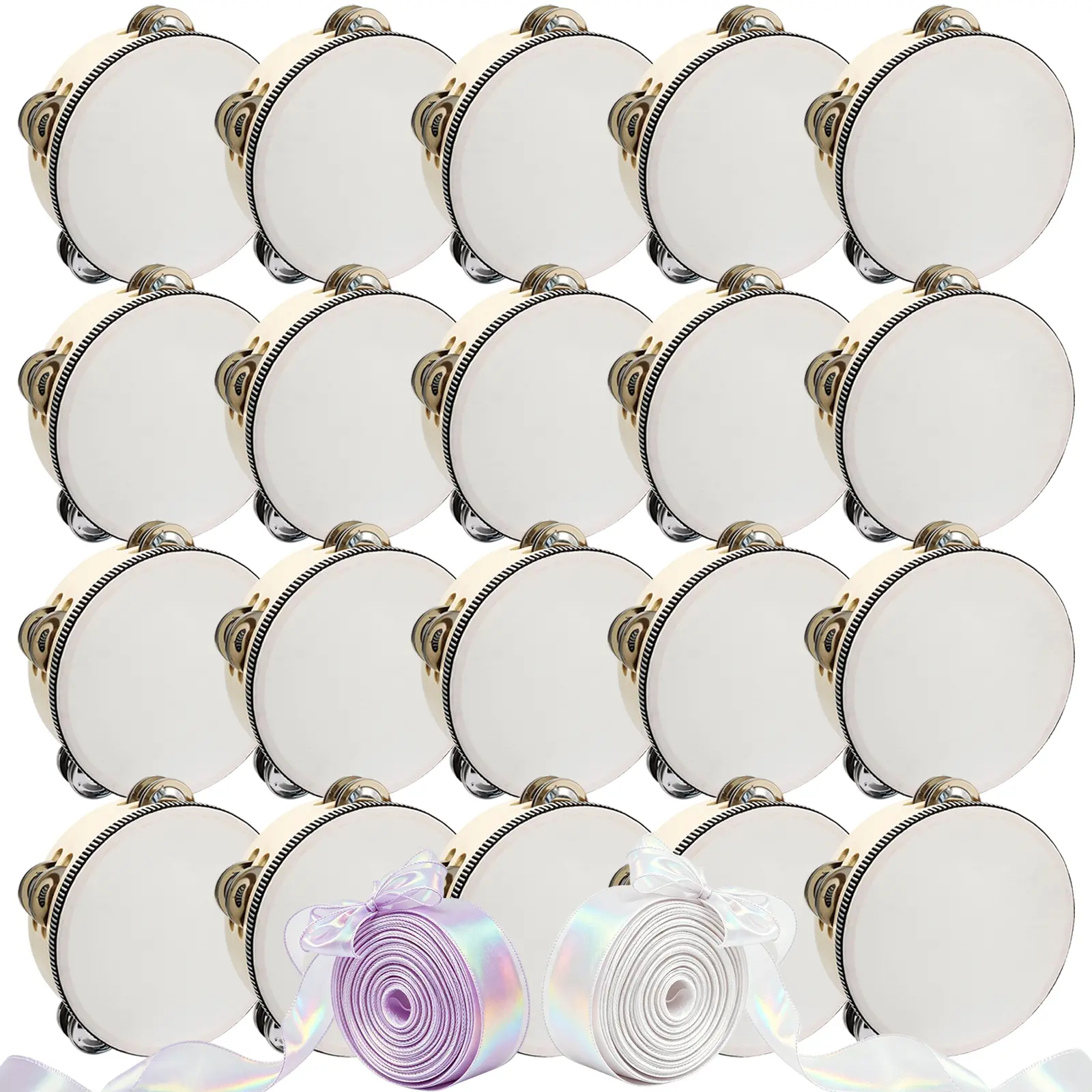 6 Inch Wedding Tambourines with Ribbon Sets,Wooden Tambourine Hand Percussion for Church Party and Adults,Drumhead can be DIY freely.（10 PCS/20 PCS)