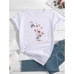 Graphic T-shirts with butterfly print for women