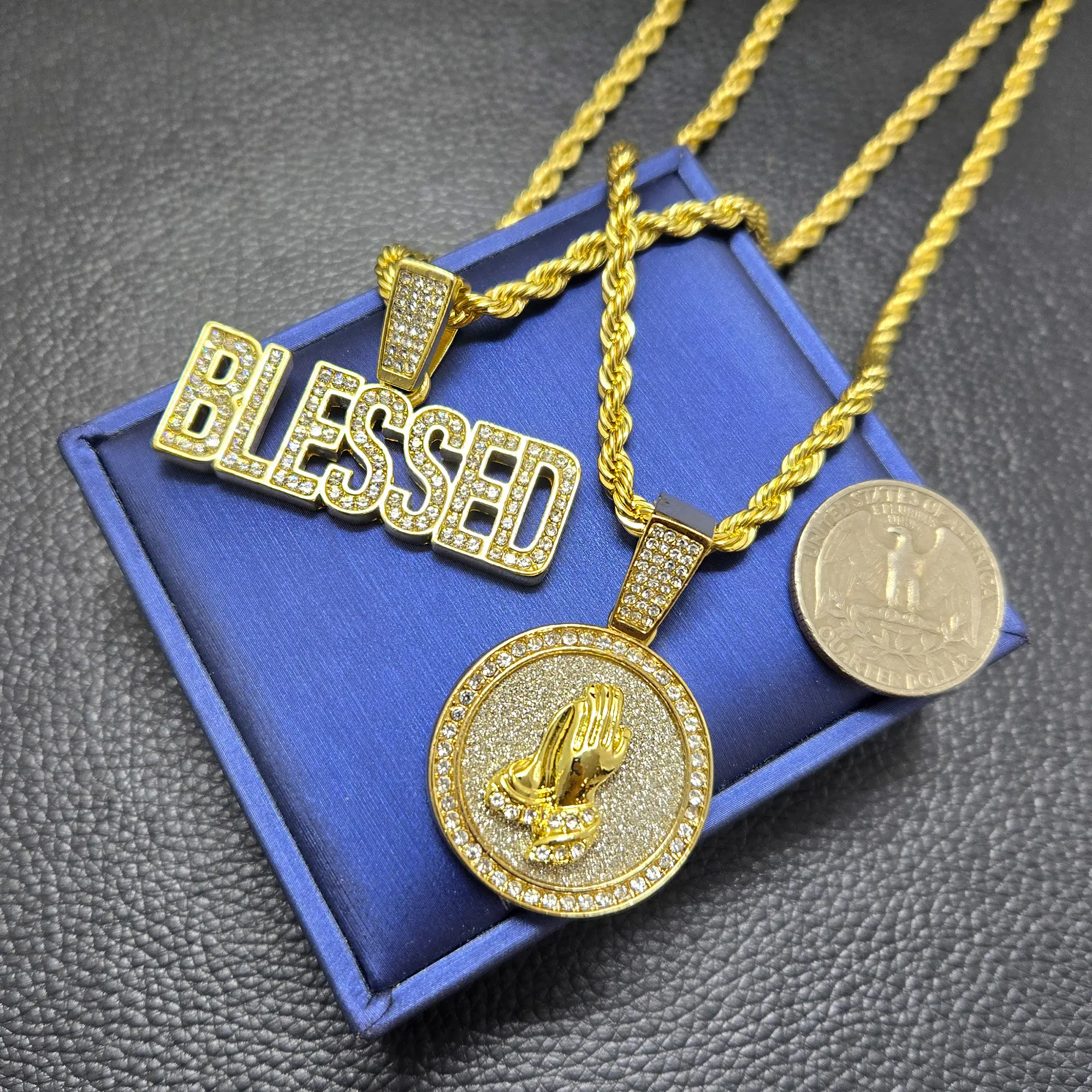 MaxBling81 Unisex Hip Hop Necklace Set with Iced Out Cubic Zirconia Prayer Hands & Blessed Pendants on a 24" Long Rope Chain, High Polish Metal Coating, Praying Hands, 24 Inches, Casual, 45Mm X 15Mm, Iced Stones, High Polished, Daily Wear, 24" Rope Chain