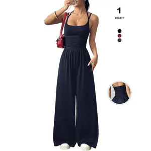 2026 women's sleeveless vest jumpsuit, pleated waist, wide leg, Palazzo pants, and pocket jumpsuitRAIMENTRY