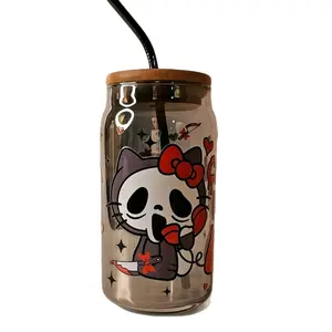 Ghostmask Kitty Cup Drinkware 16oz mirrored glass, bamboo cap and metal straw. Cup mug tumbler glass clear glass lid straw and straw cleaner!