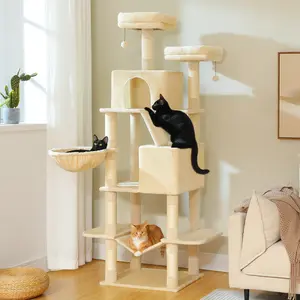 71-Inch Multi-Tier Large Cat Tower with 8 Scratching Posts, 2 Perches, 2 Burrows, Basket, Hammock, Pom Pom for Indoor Cats