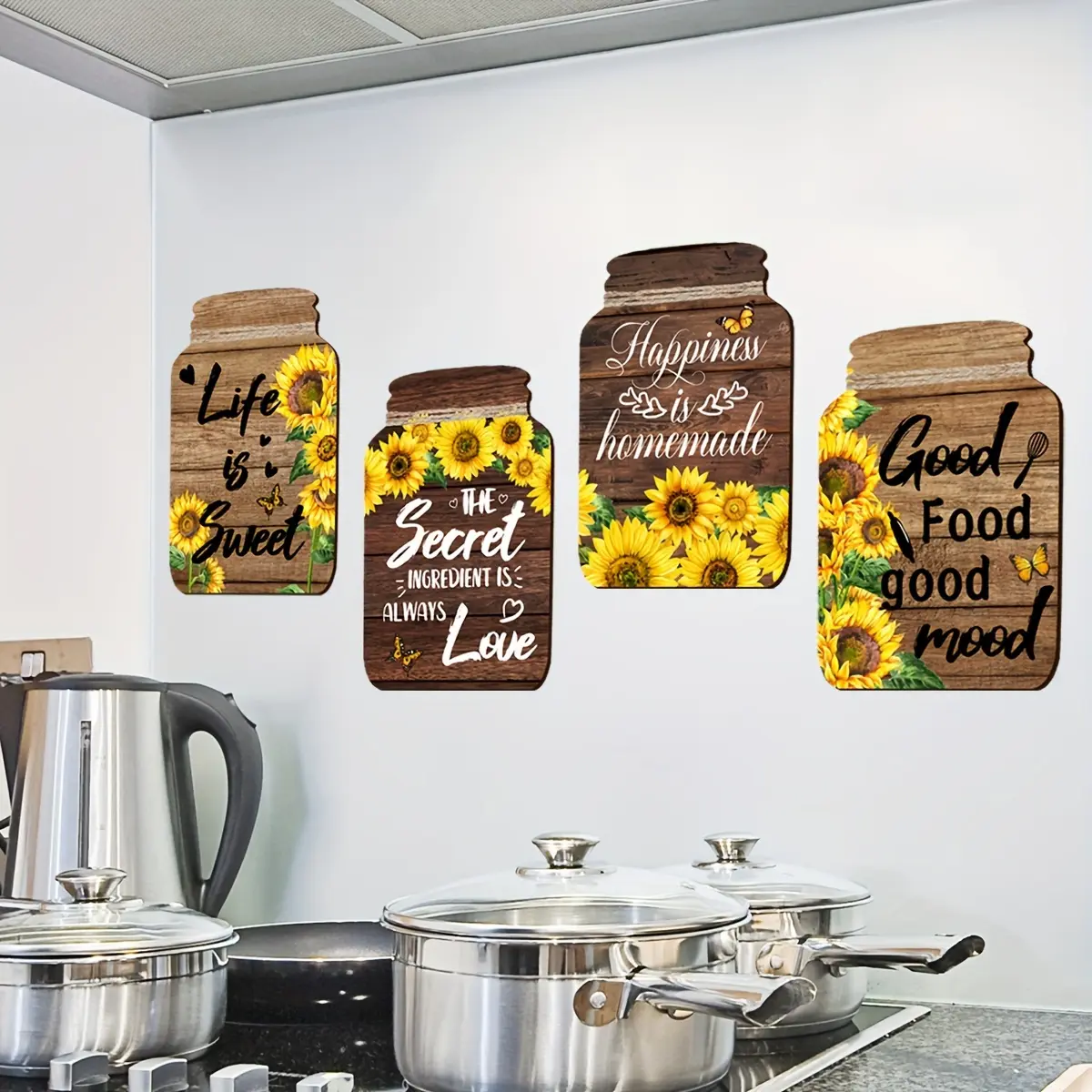 A set of 4 sunflower English decorative painting wall stickers for background walls, living rooms, and home decoration walls, Stick On Backsplash, Decorative Decal, Wall Art Stickers, Sticker Decorations, Decoration Items