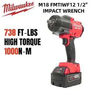 Milwaukee M18 FMTIWF12 18V High Torque Impact Wrench - 1/2" Drive, 1000 Nm (738 FT-LBS), 2-in-1 Drill & Bolt Removal, With Battery & Charger, Auto Truck Construction Power Tool