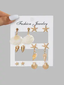 Women's Boho Shell Starfish Earrings Set, Natural Sea Snail Ear Studs, Summer Vacation Style Jewelry, Versatile Ladies Accessories