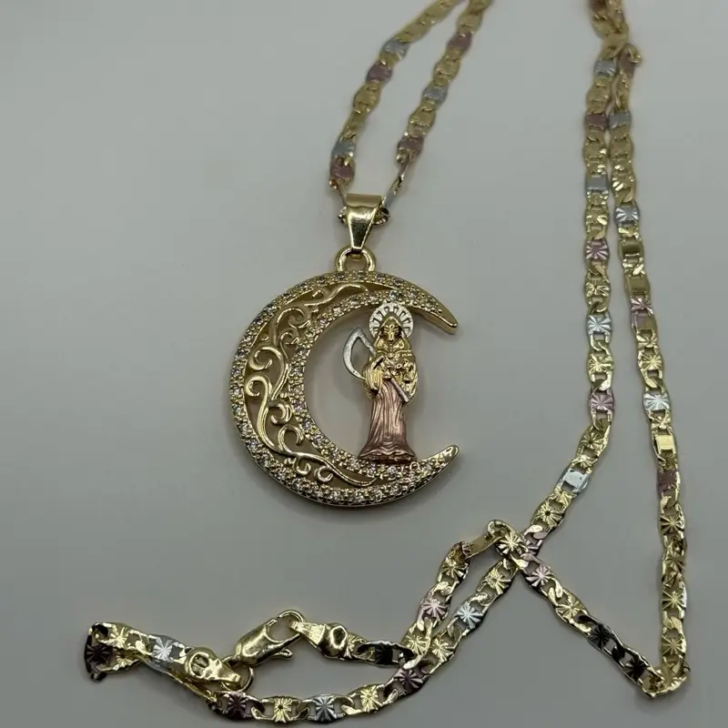 Beautiful Santa Muerte Moon Pendant 24” Necklaces Tricolor Heavyweight Gold Plated Vintage Bohemian Jewelry