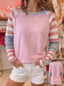 Retro Colorful Striped Raglan Sleeve T-Shirt Women's Pink Base Casual Long Sleeve Tee Retro Color Block, Raglan Sleeve Striped, Patchwork Aesthetic, Soft Washed Fabric, Casual Streetwear
