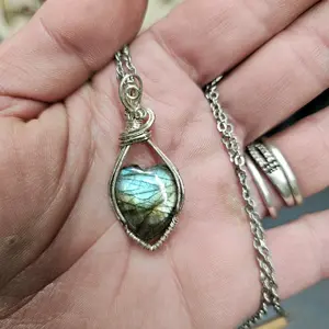 Labradorite Gemstone Necklace Handmade Silver Wire Wrapped Pendant