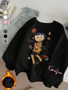 Plush round neck sweatshirt, "Coraline" "Coraline" Caroline animated film, casual retro long-sleeved pullover, round neck casual sports women's pullover sweatshirt, autumn and winter plush women's clothing