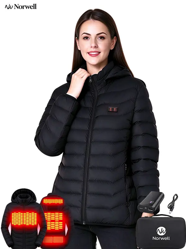 NORWELL Women's Heated Hooded Jacket, Power Bank, Dual Control, 5 Heating Zones, Water-Repellent, Windproof, Long-Sleeve, Thermal, Breathable, Zipper, Pocket,Elastic Cuff, Comfort Softshell Coat for Men, Unisex Winter Outdoor Sports Outerwear, sohochic