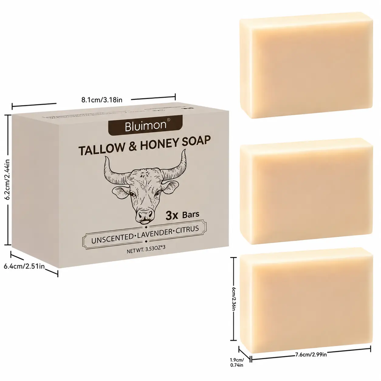 Bluimon Grass-Fed Beef Tallow & Raw Honey Handmade Soap Bar - Deep Moisturizing Natural Soap for Dry Sensitive Skin Face & Body, Unscented, Lavender, Citrus#backtoschool gentle