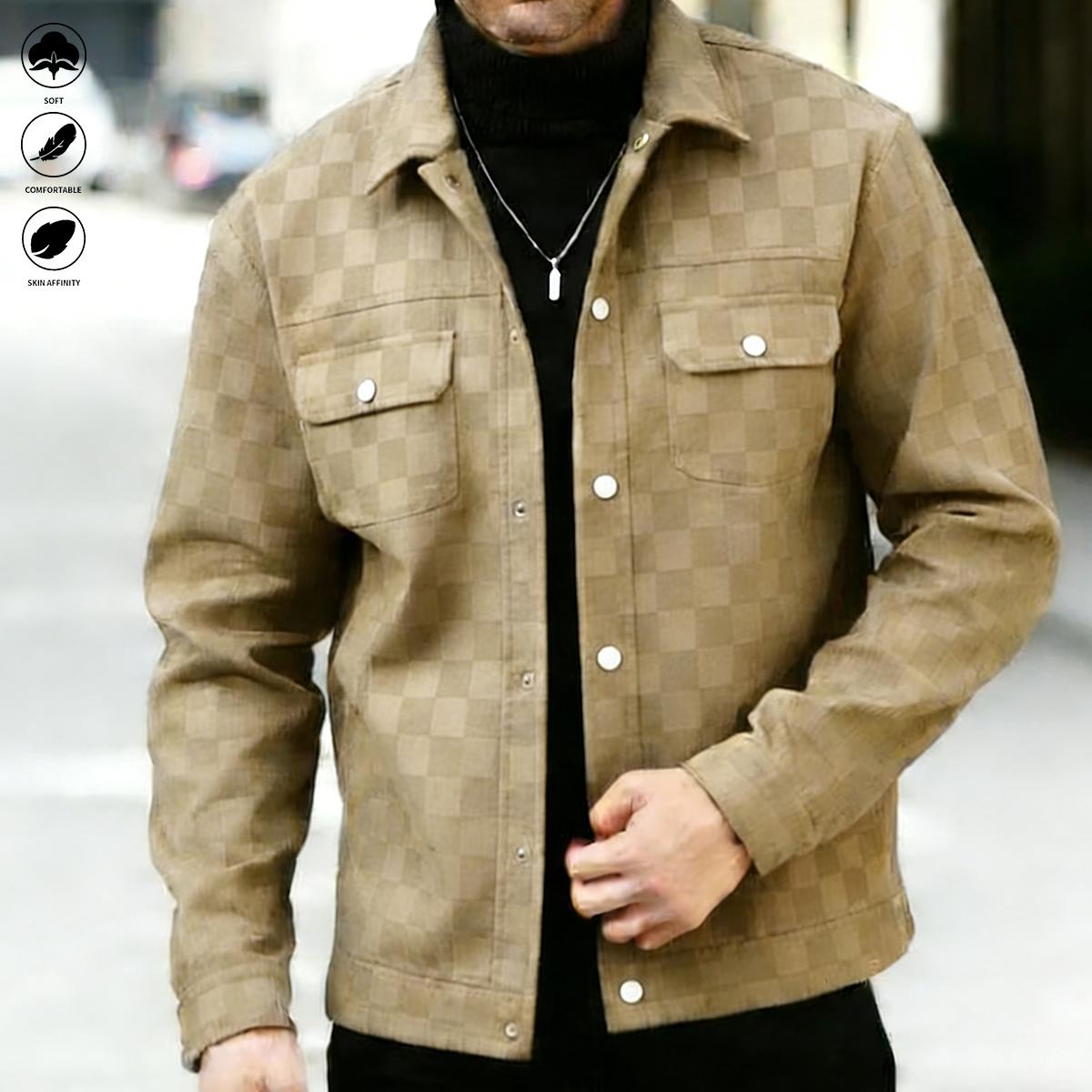 New Men's Black Printed Suede Jacket with Front Flap Pockets and Button Closure - Perfect for Fall Wear Stylish and Practical Outerwear Aesthetic Design Men's Fashion Outfit