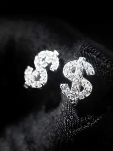 Trendy Hip Hop Dollar Symbol Zircon Earrings, Unisex Street Style Party Jewelry, Fashionable Oxidized Silver Color Studs