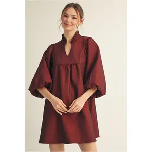 Jodifl Solid Textured Fabric Puff Sleeve Babydoll Dress